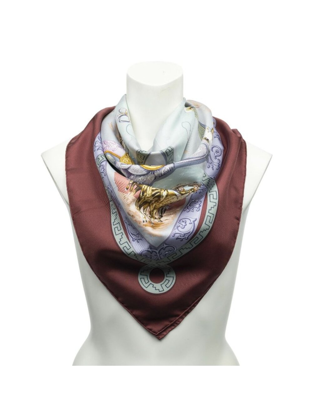 Hermes Scarf Brown Light Green Purple Twill Silk